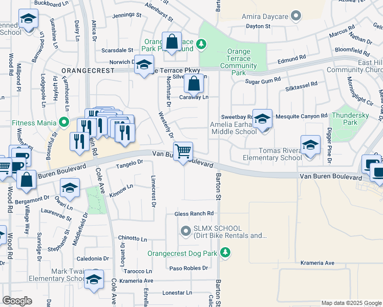 map of restaurants, bars, coffee shops, grocery stores, and more near 19963 Westerly Drive in Riverside