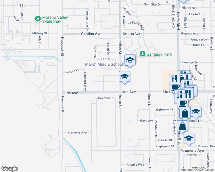 map of restaurants, bars, coffee shops, grocery stores, and more near 24410 Carman Lane in Moreno Valley