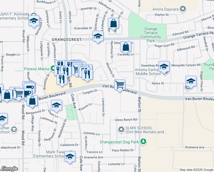 map of restaurants, bars, coffee shops, grocery stores, and more near Van Buren Boulevard in Riverside