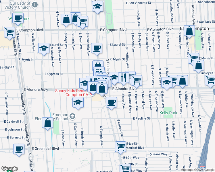 map of restaurants, bars, coffee shops, grocery stores, and more near 1415 East Alondra Boulevard in Compton
