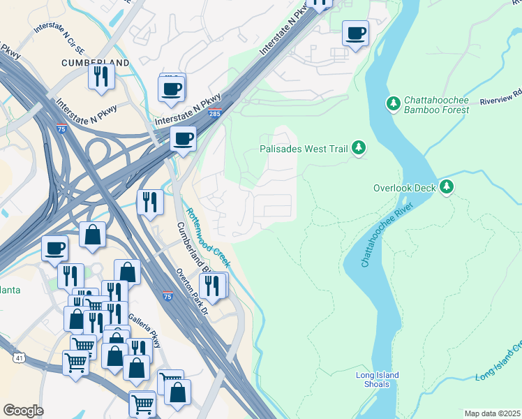 map of restaurants, bars, coffee shops, grocery stores, and more near 3505 Chattahoochee Summit Lane Southeast in Atlanta