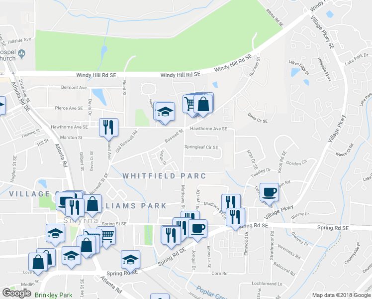 map of restaurants, bars, coffee shops, grocery stores, and more near 1400 Springleaf Circle Southeast in Smyrna