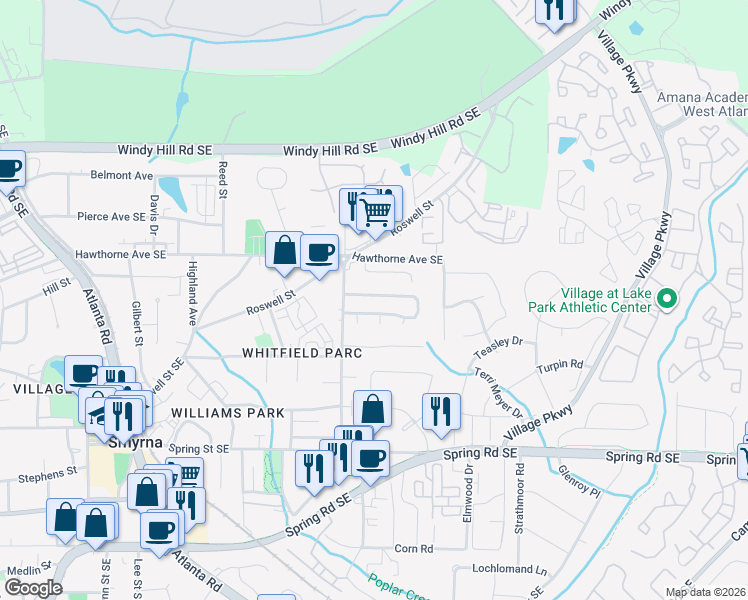 map of restaurants, bars, coffee shops, grocery stores, and more near 1428 Springleaf Circle Southeast in Smyrna