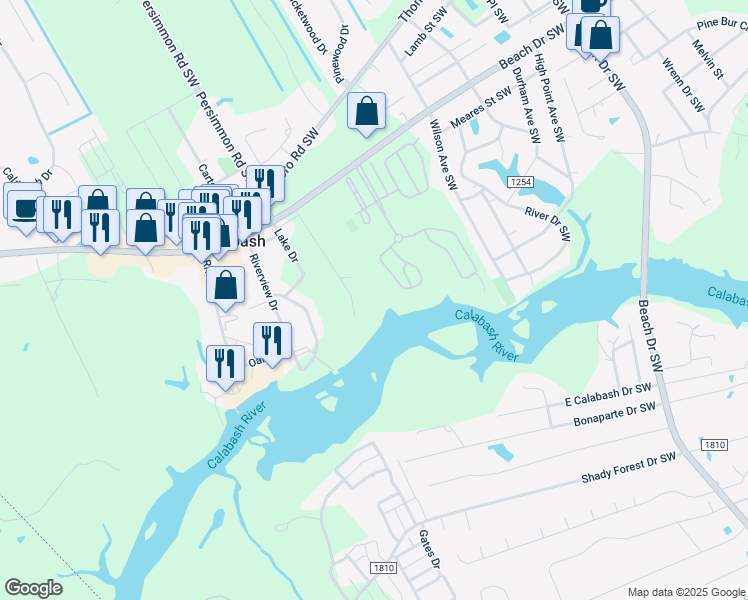map of restaurants, bars, coffee shops, grocery stores, and more near 9857 Beach Drive Southwest in Calabash