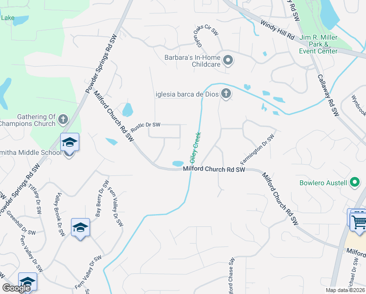 map of restaurants, bars, coffee shops, grocery stores, and more near 1601 Rustic Drive Southwest in Marietta