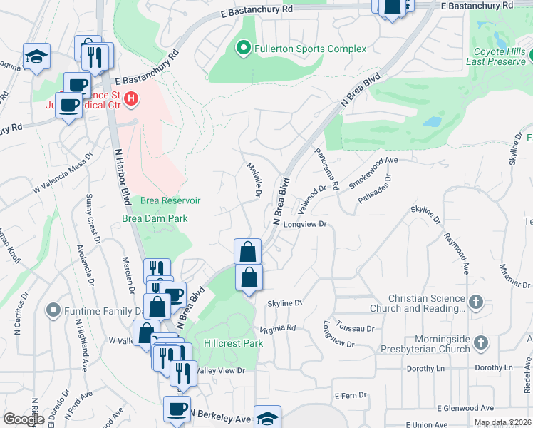 map of restaurants, bars, coffee shops, grocery stores, and more near 110 Melville Drive in Fullerton