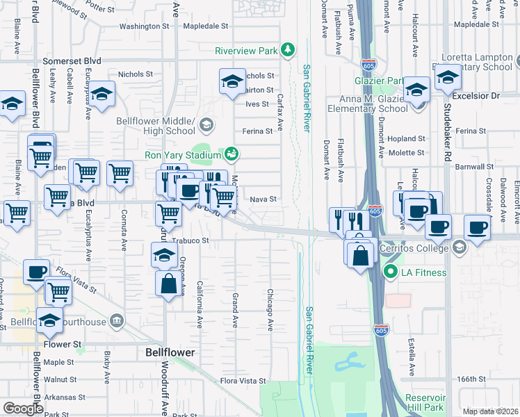 map of restaurants, bars, coffee shops, grocery stores, and more near 10455 Nava Street in Bellflower