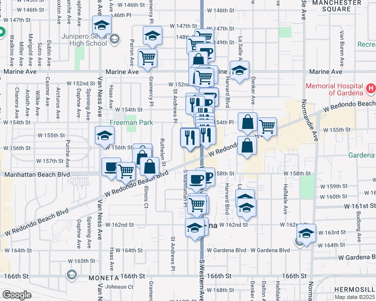 map of restaurants, bars, coffee shops, grocery stores, and more near 15616 South Manhattan Place in Gardena