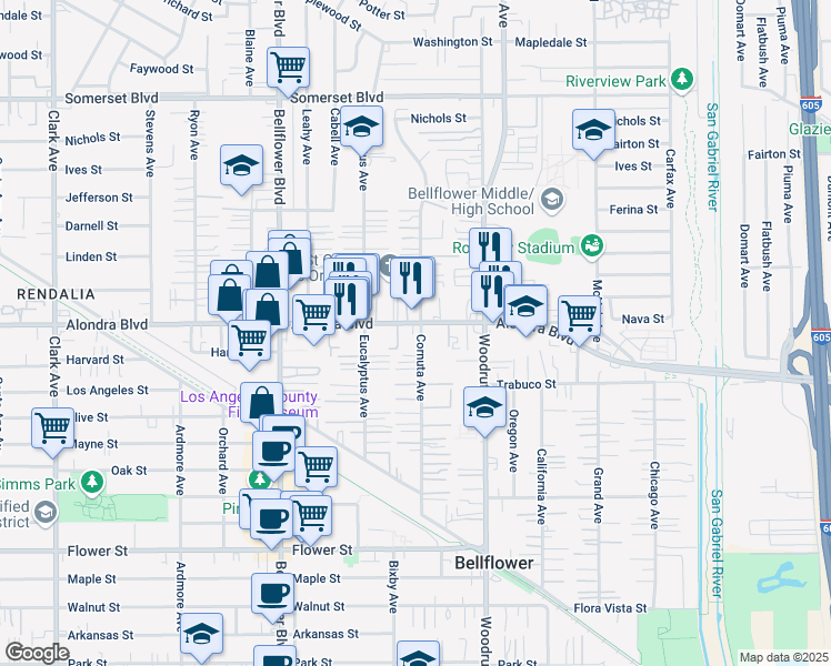map of restaurants, bars, coffee shops, grocery stores, and more near in Bellflower