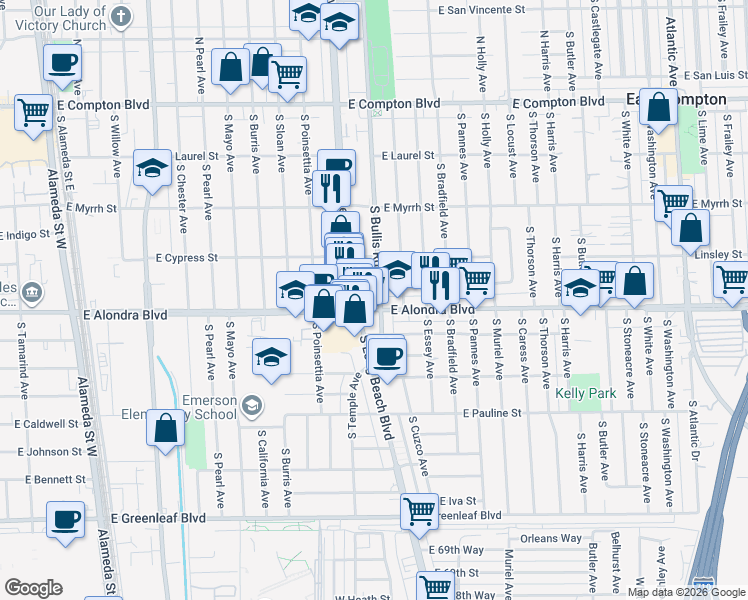 map of restaurants, bars, coffee shops, grocery stores, and more near 1415 East Alondra Boulevard in Compton