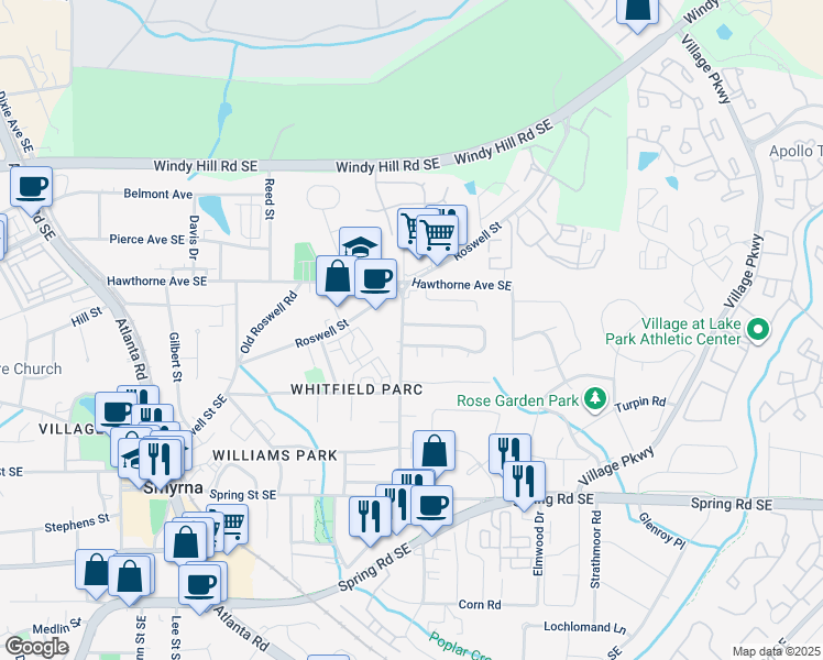 map of restaurants, bars, coffee shops, grocery stores, and more near 1406 Springleaf Circle Southeast in Smyrna