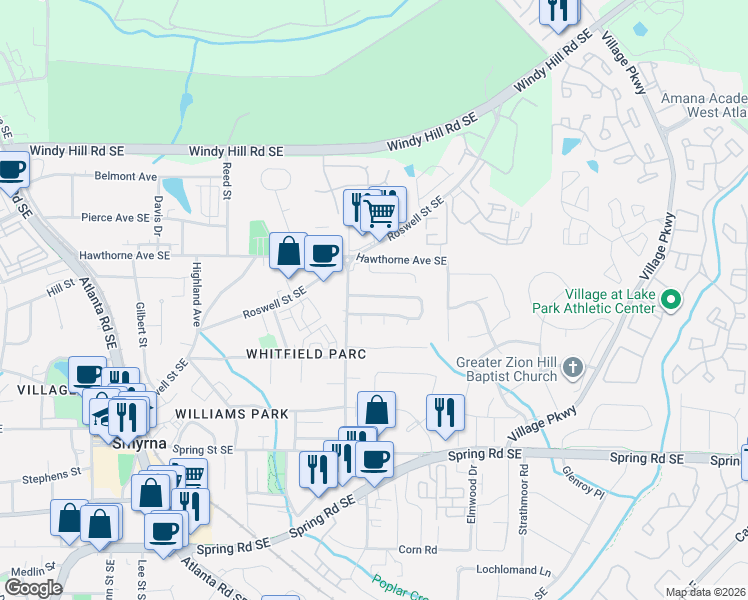 map of restaurants, bars, coffee shops, grocery stores, and more near 1431 Springleaf Circle Southeast in Smyrna