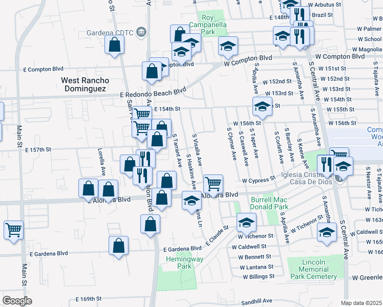 map of restaurants, bars, coffee shops, grocery stores, and more near 15712 South Haskins Avenue in Compton