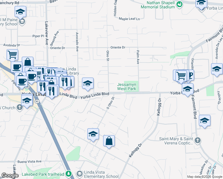 map of restaurants, bars, coffee shops, grocery stores, and more near 4912 Ohio Street in Yorba Linda