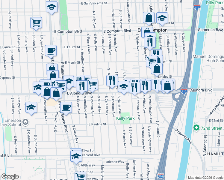 map of restaurants, bars, coffee shops, grocery stores, and more near 805 South Harris Avenue in Compton