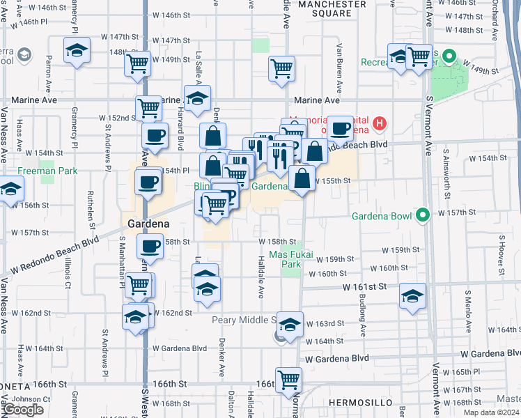 map of restaurants, bars, coffee shops, grocery stores, and more near 1475 W 157th St in Gardena