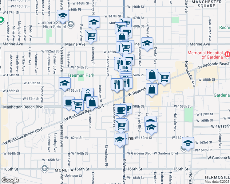 map of restaurants, bars, coffee shops, grocery stores, and more near 15616 South Manhattan Place in Gardena