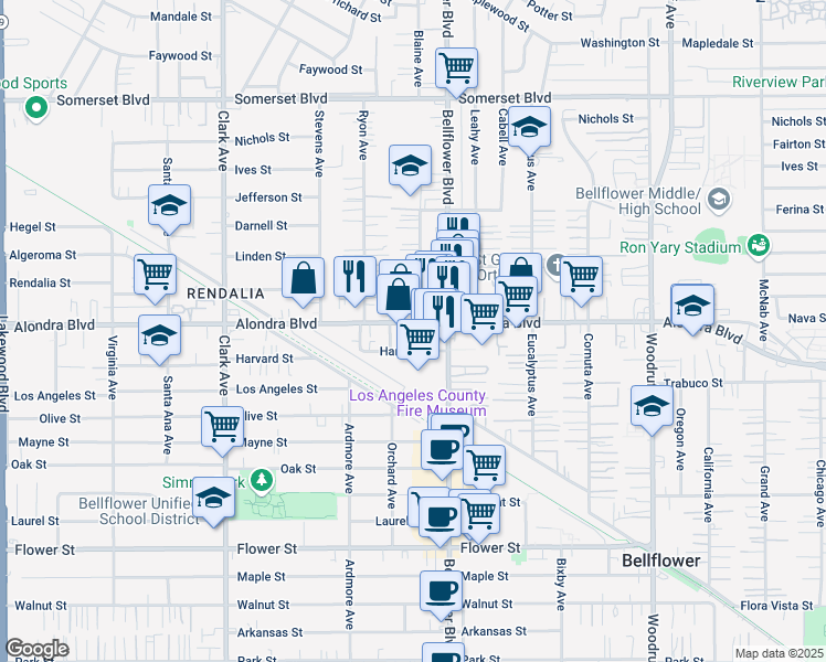 map of restaurants, bars, coffee shops, grocery stores, and more near 9727 Alondra Boulevard in Bellflower