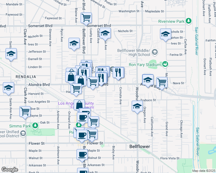 map of restaurants, bars, coffee shops, grocery stores, and more near 9880 Alondra Boulevard in Bellflower