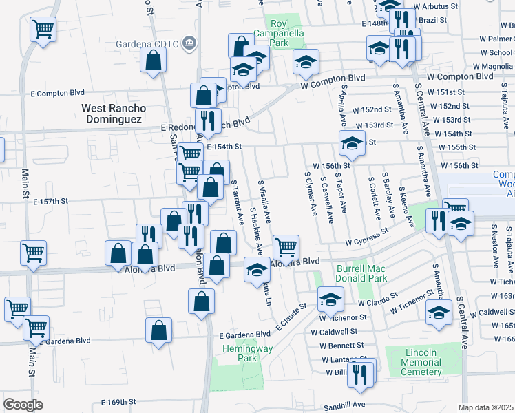 map of restaurants, bars, coffee shops, grocery stores, and more near 15712 South Haskins Avenue in Compton