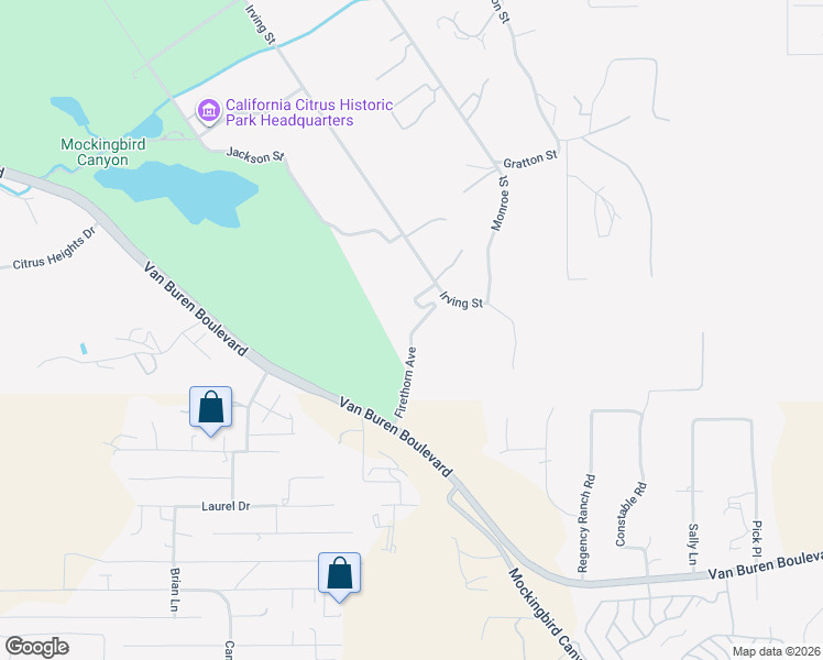 map of restaurants, bars, coffee shops, grocery stores, and more near 1350 Firethorn Avenue in Riverside
