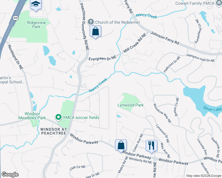 map of restaurants, bars, coffee shops, grocery stores, and more near 1355 Old Woodbine Road Northeast in Atlanta