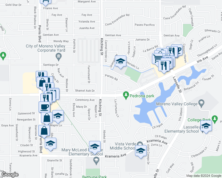 map of restaurants, bars, coffee shops, grocery stores, and more near 25562 Palo Cedro Drive in Moreno Valley