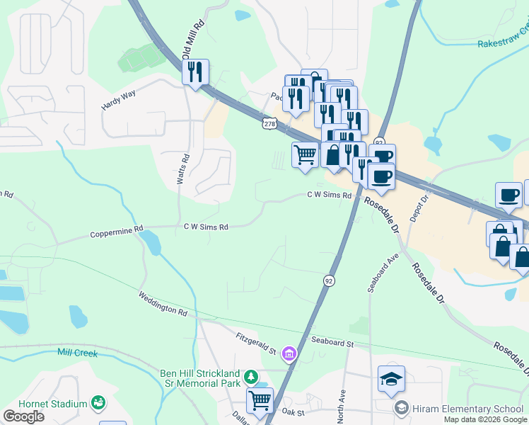 map of restaurants, bars, coffee shops, grocery stores, and more near 378 C W Sims Road in Hiram