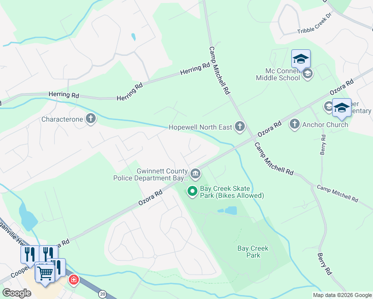 map of restaurants, bars, coffee shops, grocery stores, and more near 2627 Corey Park Drive in Loganville