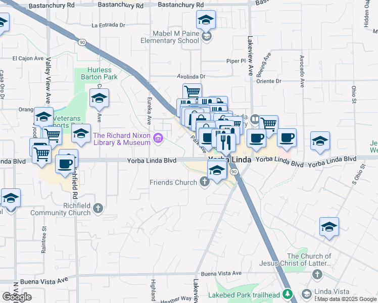 map of restaurants, bars, coffee shops, grocery stores, and more near 4951 Park Place in Yorba Linda