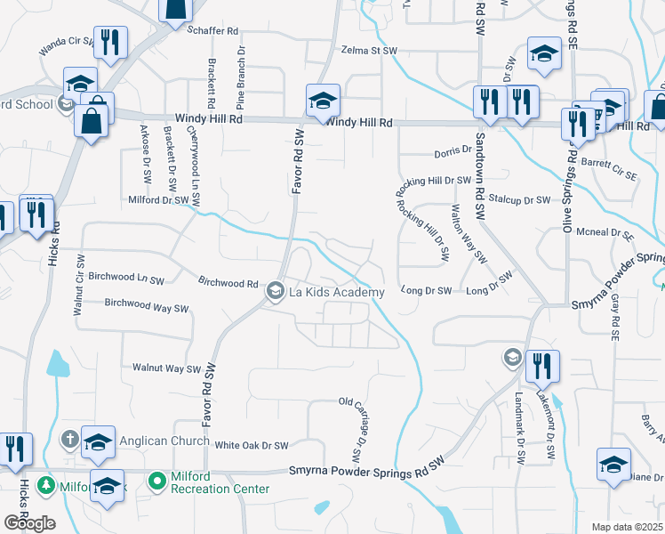 map of restaurants, bars, coffee shops, grocery stores, and more near 2665 Favor Road Southwest in Marietta