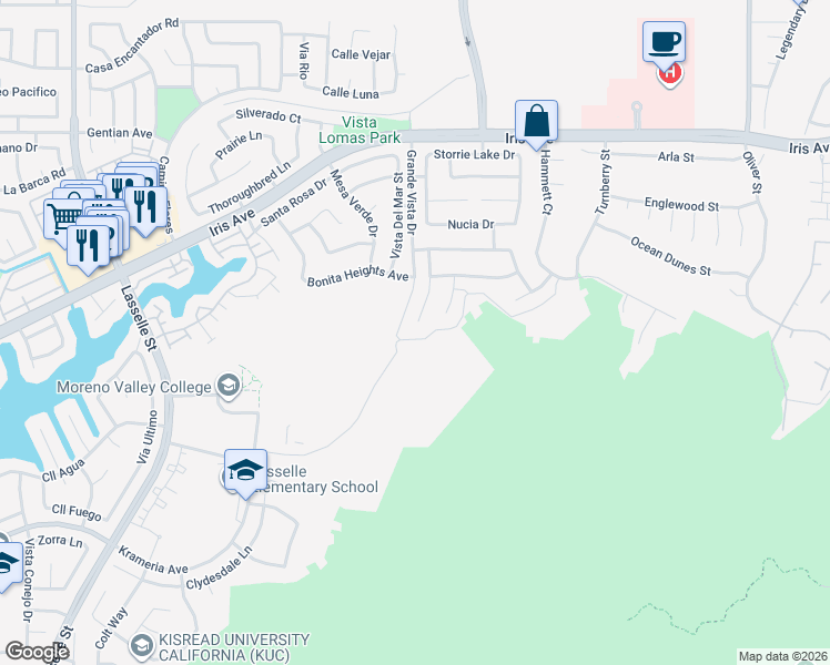 map of restaurants, bars, coffee shops, grocery stores, and more near 15905 Angelfire Court in Moreno Valley