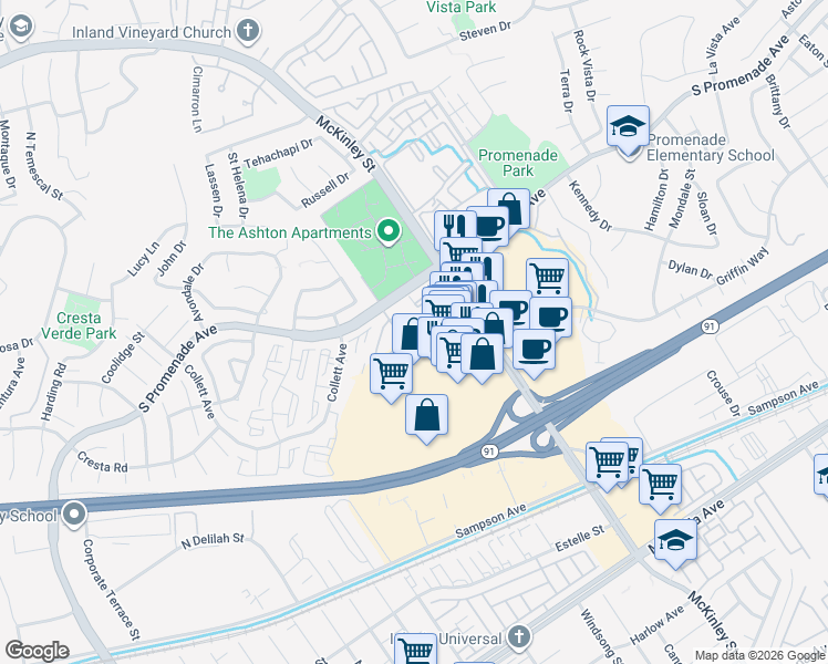map of restaurants, bars, coffee shops, grocery stores, and more near 2160 Highpointe Drive in Corona