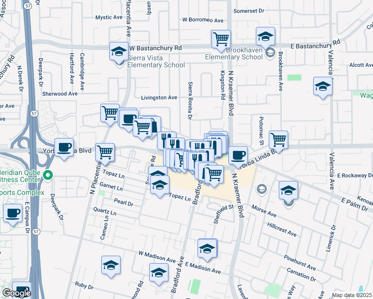 map of restaurants, bars, coffee shops, grocery stores, and more near 3300 East Palm Drive in Fullerton