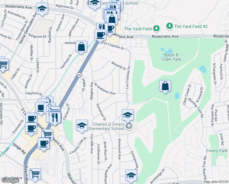 map of restaurants, bars, coffee shops, grocery stores, and more near 4891 Lincolnshire Avenue in Buena Park