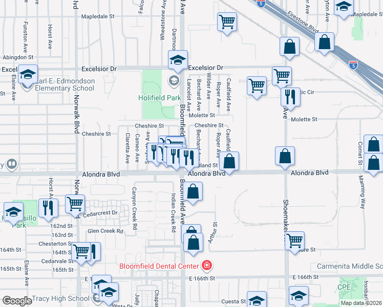 map of restaurants, bars, coffee shops, grocery stores, and more near 15602 Lancelot Avenue in Norwalk