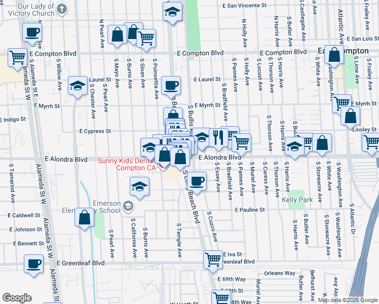 map of restaurants, bars, coffee shops, grocery stores, and more near 810 South Bullis Road in Compton