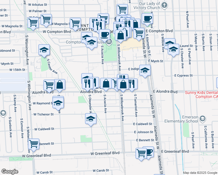 map of restaurants, bars, coffee shops, grocery stores, and more near 217 West Cocoa Street in Compton