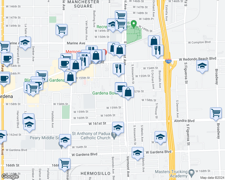 map of restaurants, bars, coffee shops, grocery stores, and more near 15517 New Hampshire Avenue in Gardena