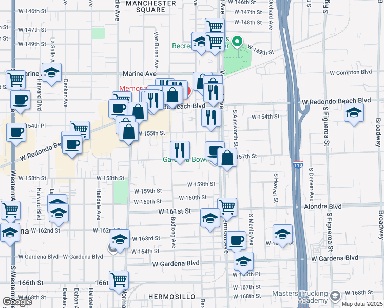 map of restaurants, bars, coffee shops, grocery stores, and more near 15609 Berendo Avenue in Gardena
