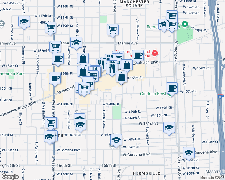 map of restaurants, bars, coffee shops, grocery stores, and more near 15507 Normandie Avenue in Gardena