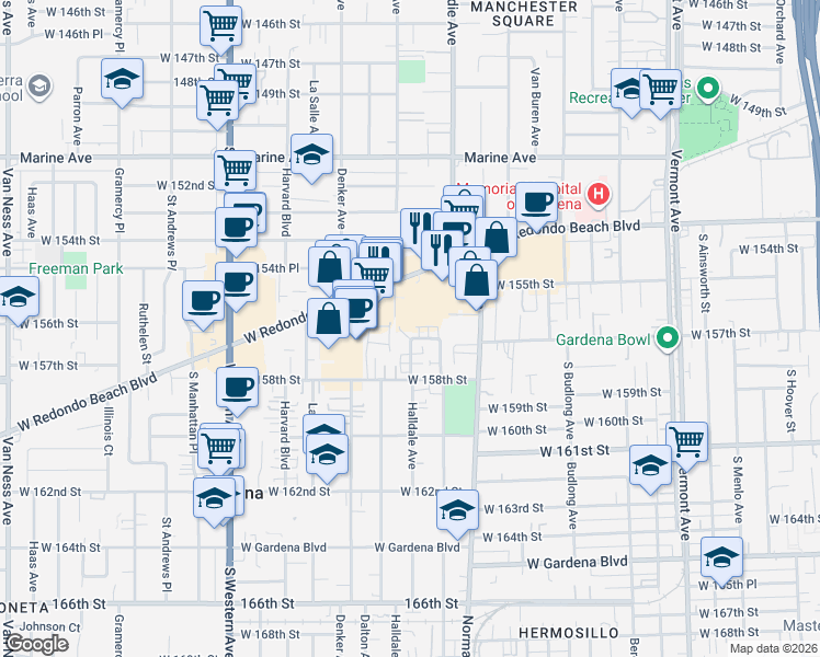 map of restaurants, bars, coffee shops, grocery stores, and more near 1475 West 157th Street in Gardena