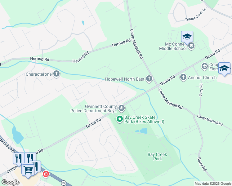 map of restaurants, bars, coffee shops, grocery stores, and more near 2627 Corey Park Drive in Loganville