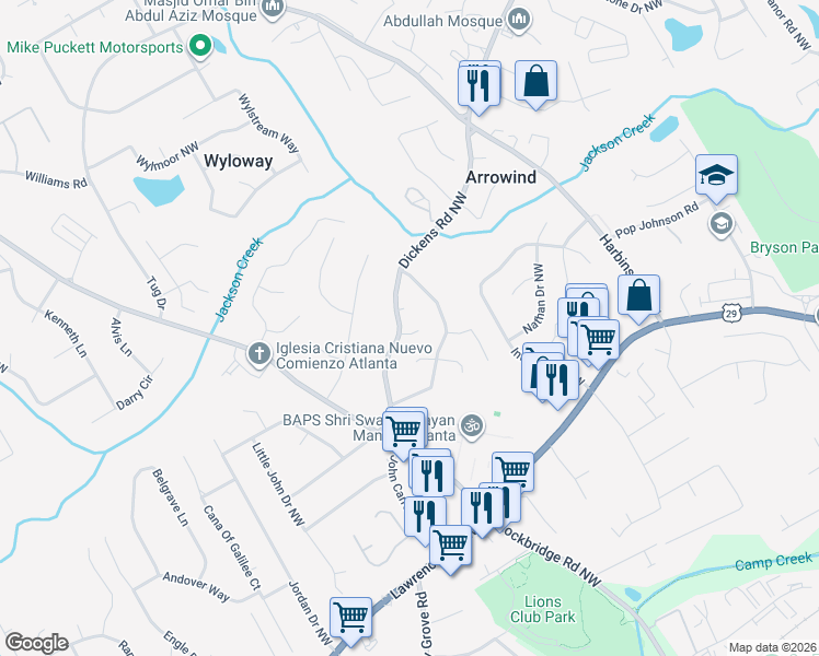map of restaurants, bars, coffee shops, grocery stores, and more near 5480 Chuzzlewit Court Northwest in Lilburn