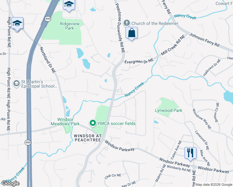 map of restaurants, bars, coffee shops, grocery stores, and more near 1053 Dunroven Drive Northeast in Atlanta