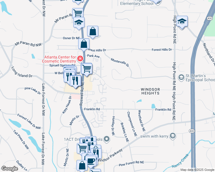map of restaurants, bars, coffee shops, grocery stores, and more near 270 Waterford Place Northeast in Sandy Springs