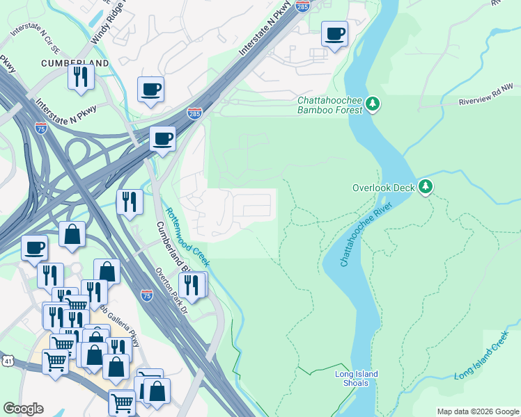 map of restaurants, bars, coffee shops, grocery stores, and more near 3543 Chattahoochee Summit Lane Southeast in Atlanta