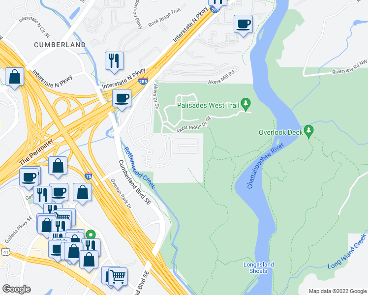 map of restaurants, bars, coffee shops, grocery stores, and more near 3528 Chattahoochee Summit Lane Southeast in Atlanta