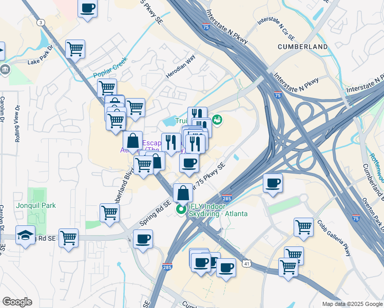 map of restaurants, bars, coffee shops, grocery stores, and more near 900 Battery Avenue Southeast in Atlanta