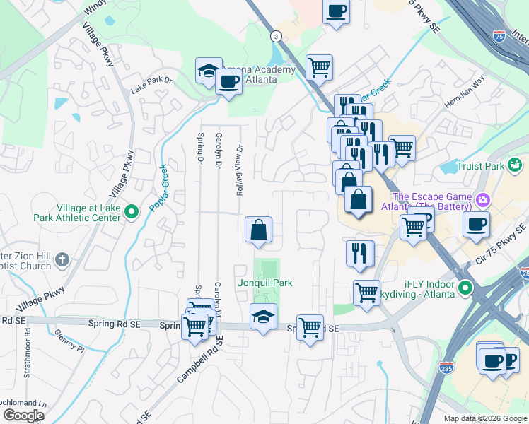 map of restaurants, bars, coffee shops, grocery stores, and more near 1450 Ridgecrest Lane Southeast in Smyrna